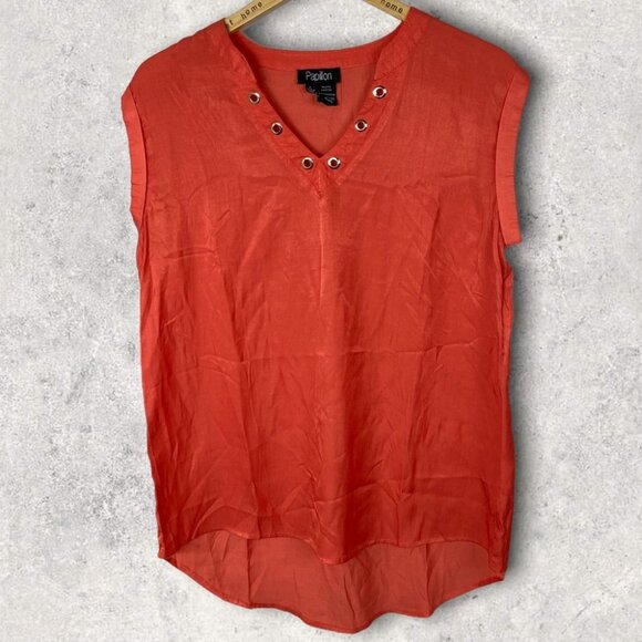 Papillon Orange V-Neck Short Sleeve Blouse Size Large Button Shoulder Top Boho L - Picture 5 of 8